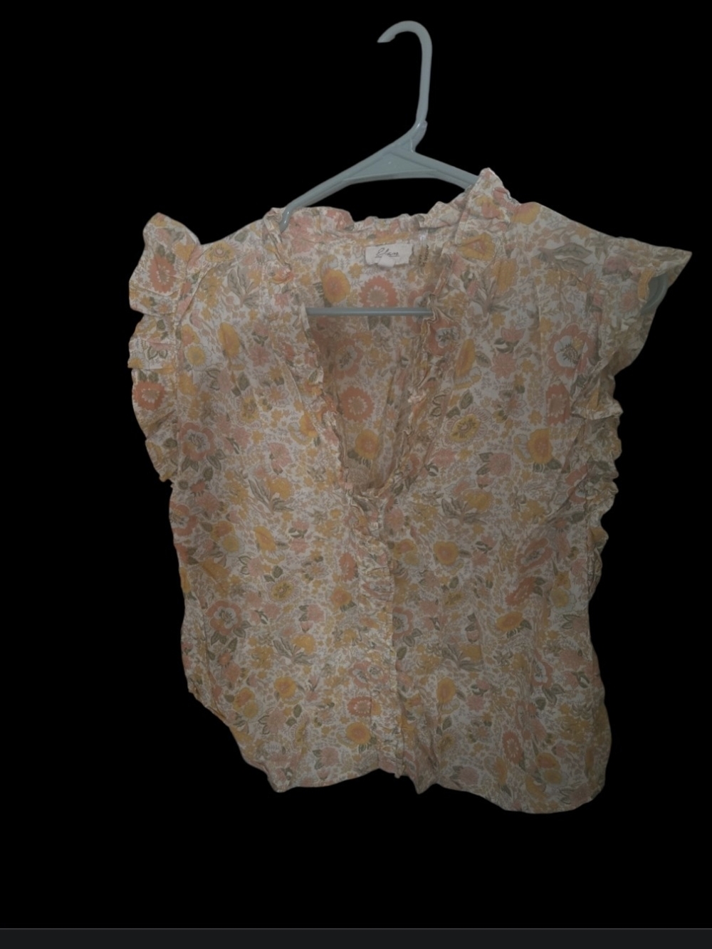 Floral Cotton Ruffle Sleeve Blouse - Peach & Yellow Sz M